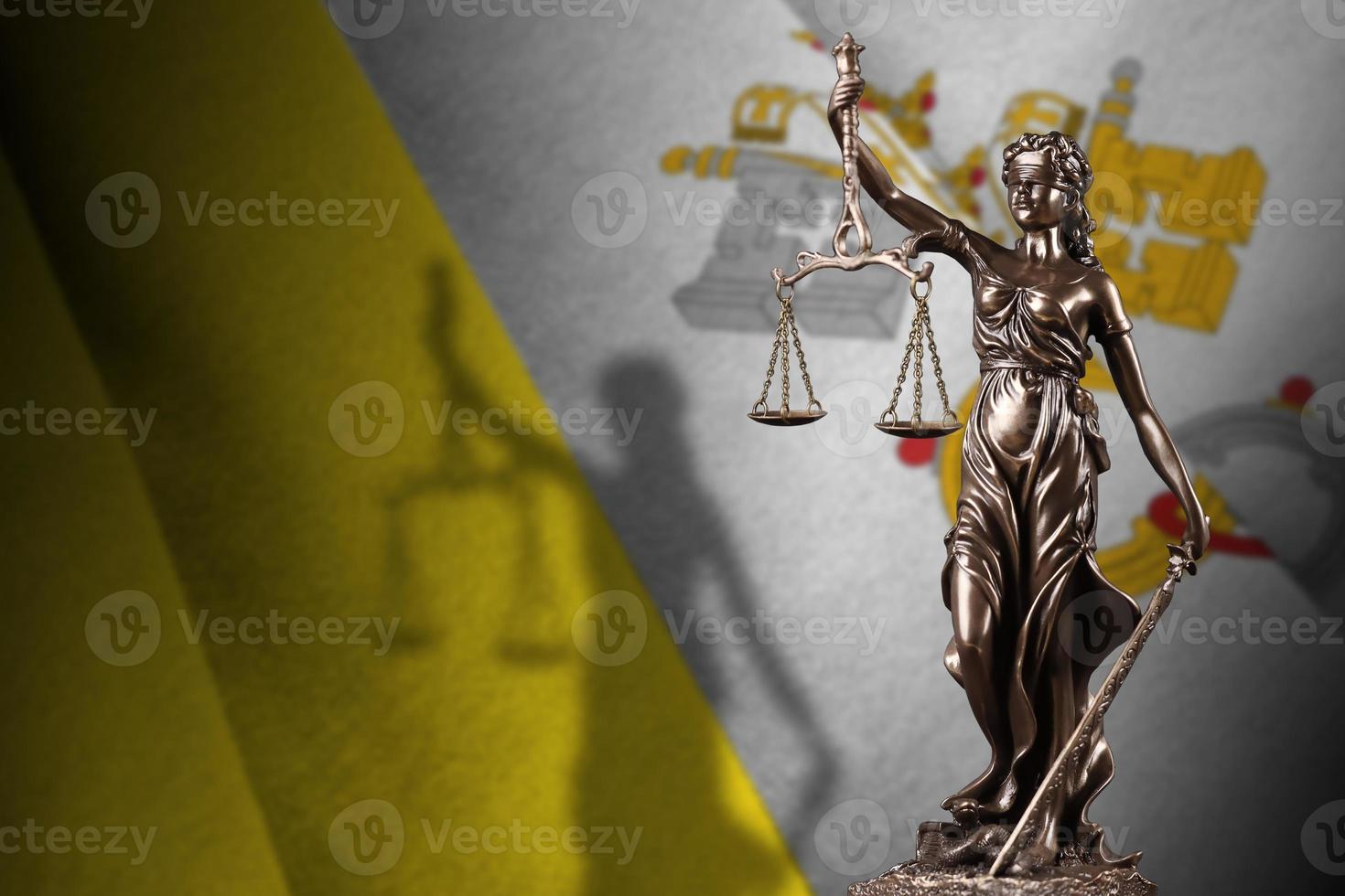 Vatican City State flag with statue of lady justice and judicial scales in dark room. Concept of judgement and punishment photo