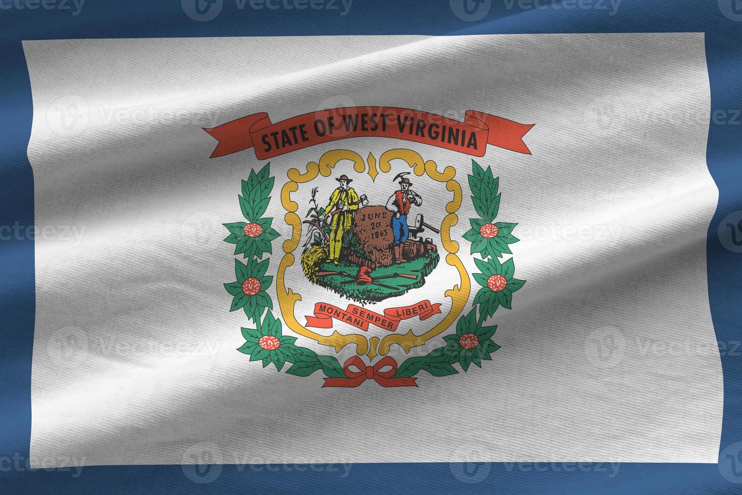 West Virginia US state flag with big folds waving close up under the studio light indoors. The official symbols and colors in banner photo