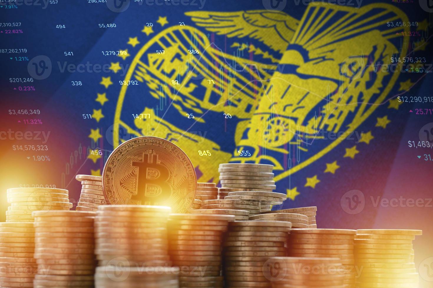 Oregon US state flag and big amount of golden bitcoin coins and trading platform chart. Crypto currency photo