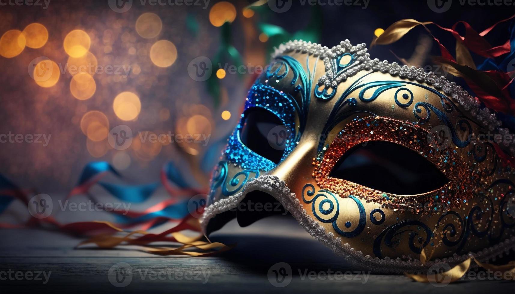 carnaval fiesta. veneciano máscara en oscuro bokeh antecedentes. festival decoración. foto