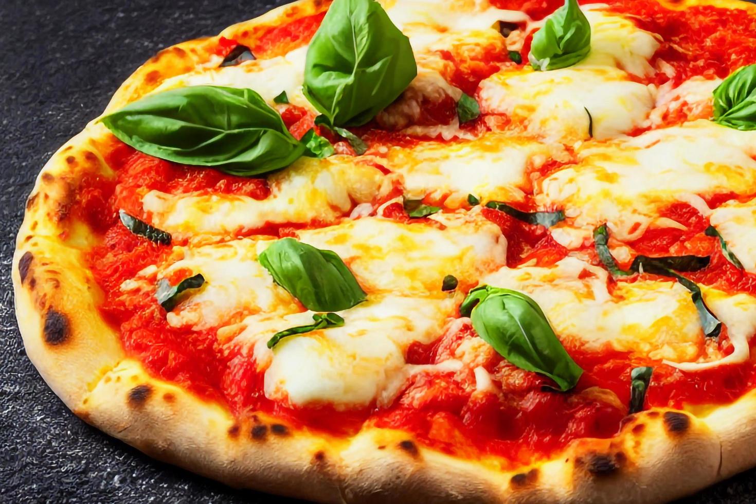 Italian pizza Margherita with tomato sauce Mozzarella cheese basil on a dark concrete background. Pizza recipe and menu. photo