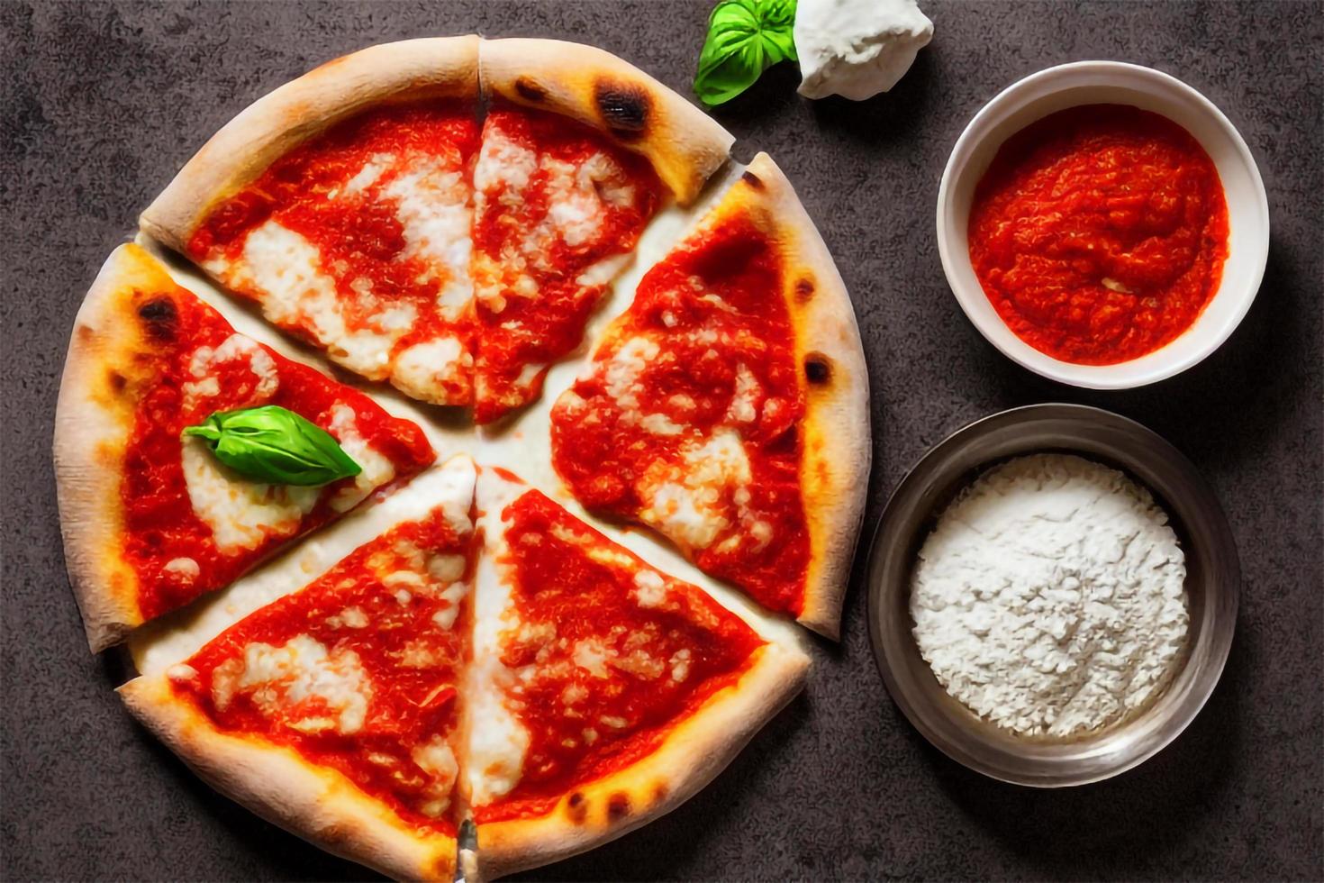 Italian pizza Margherita with tomato sauce Mozzarella cheese basil on a dark concrete background. Pizza recipe and menu. photo