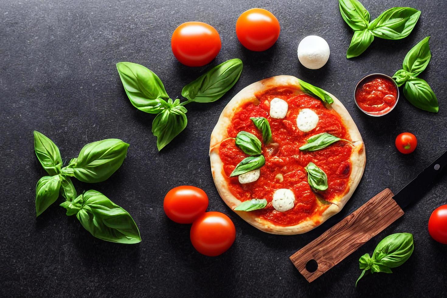 Italian pizza Margherita with tomato sauce Mozzarella cheese basil on a dark concrete background. Pizza recipe and menu. photo