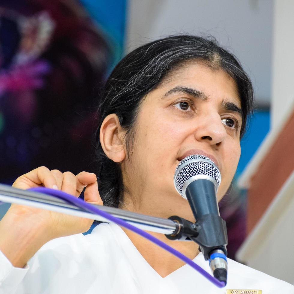 New Delhi, India, October 16 2022 - BK Shivani during meditation session, Shivani Verma, better known as BK Shivani, is a teacher in the Brahma Kumaris spiritual yoga and meditation movement of India photo