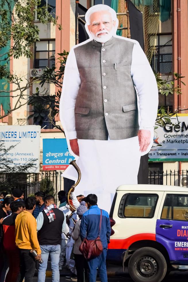 New Delhi, India - January 16 2023 - Prime Minister Narendra Modi cut out during BJP road show, the statue of PM Modi while attending a big election rally in the capital photo