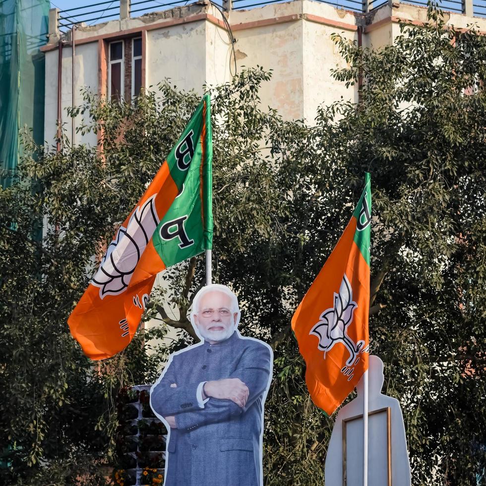 New Delhi, India - January 16 2023 - Prime Minister Narendra Modi cut out during BJP road show, the statue of PM Modi while attending a big election rally in the capital photo