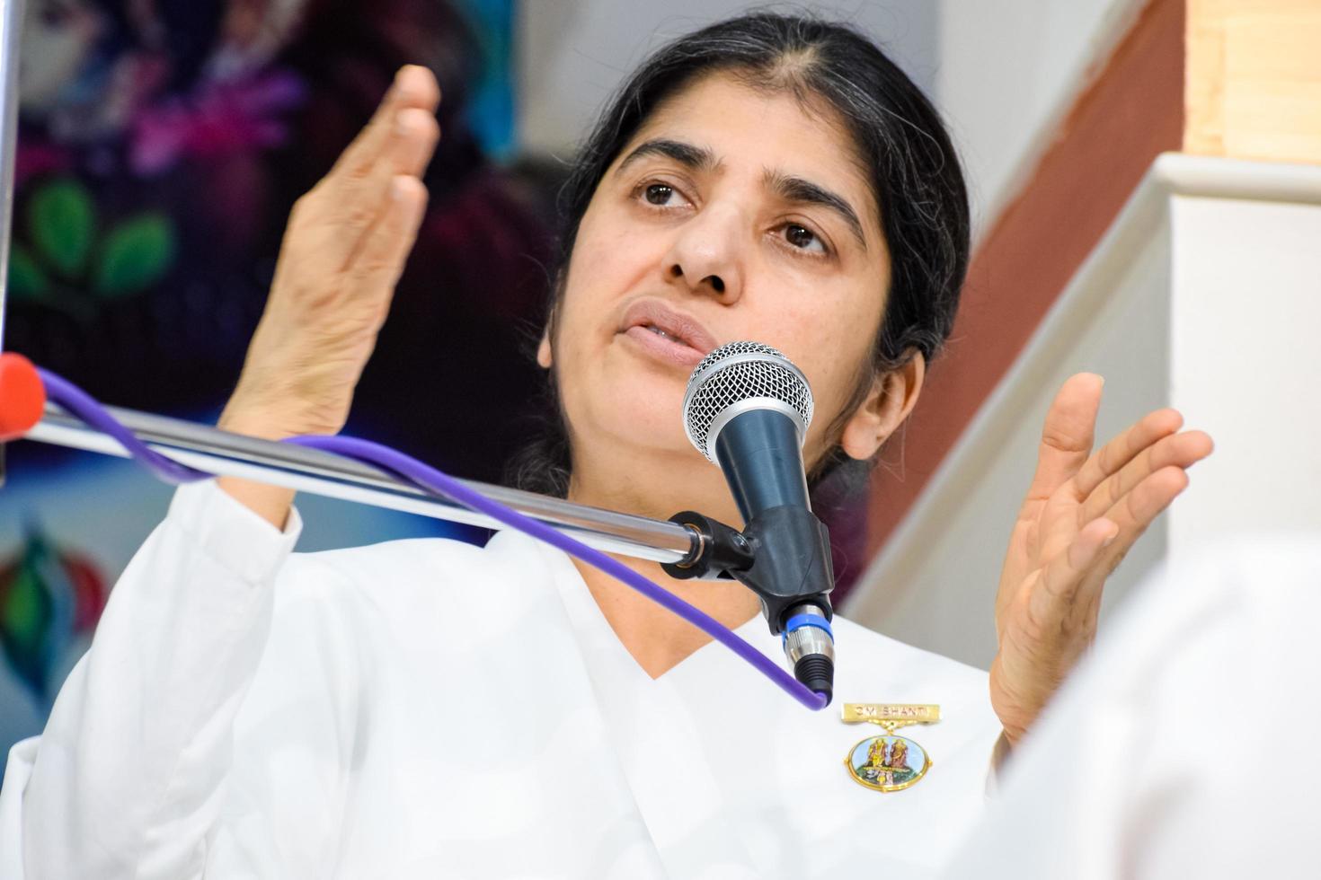 New Delhi, India, October 16 2022 - BK Shivani during meditation session, Shivani Verma, better known as BK Shivani, is a teacher in the Brahma Kumaris spiritual yoga and meditation movement of India photo