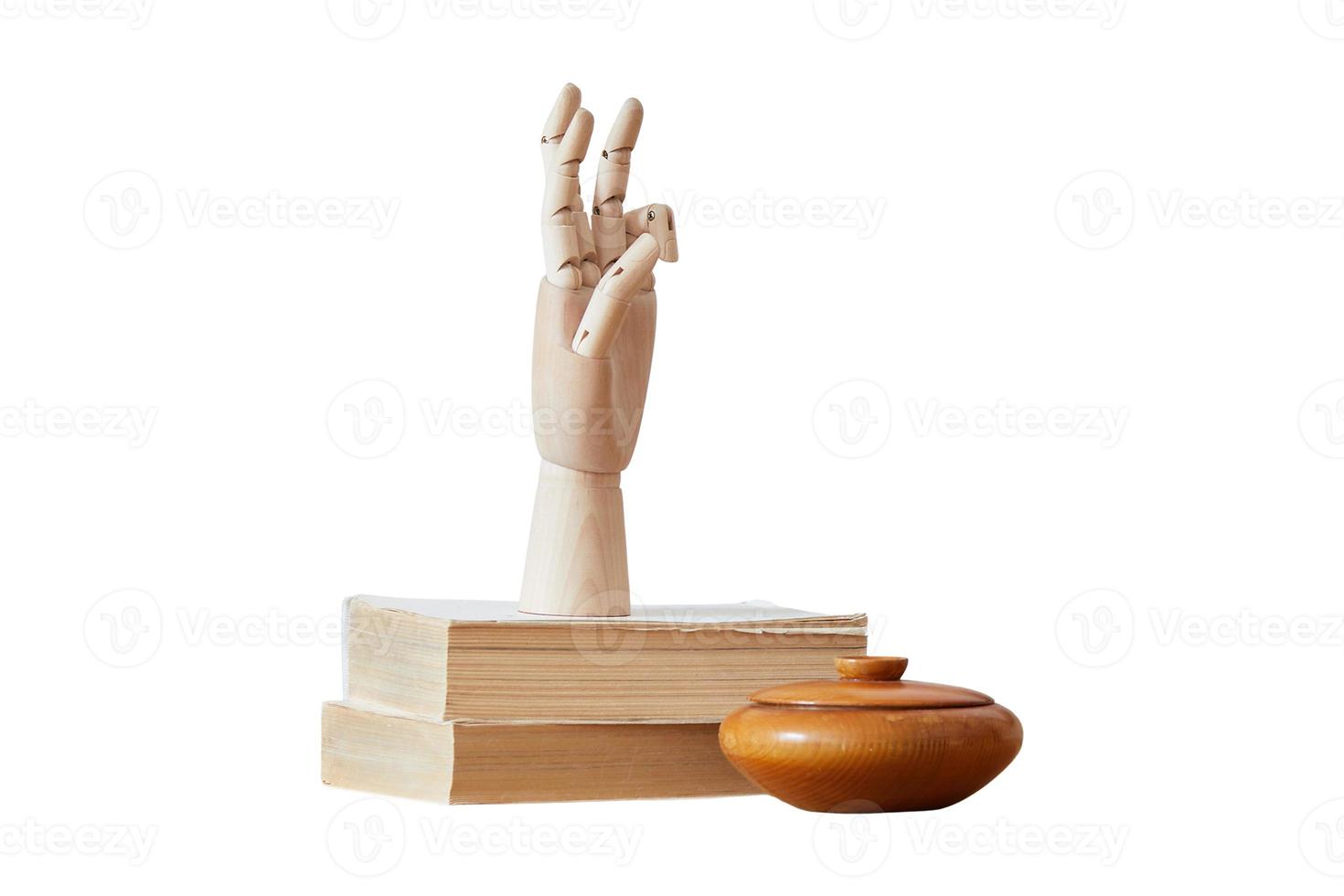 414 Books, wooden decorative hand and clay pot isolated on a transparent background photo