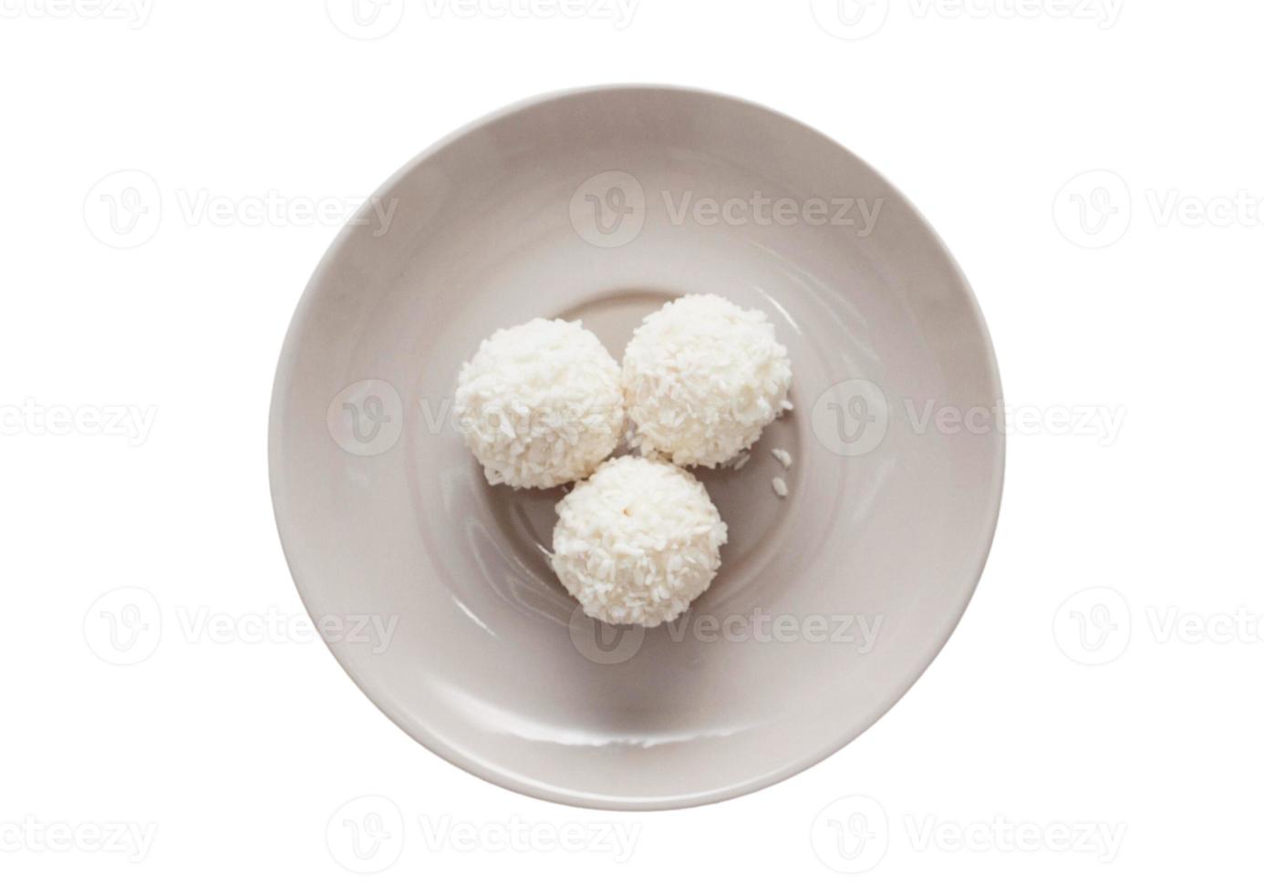 1990 Gray plate with coconuts balls isolated on a transparent background photo