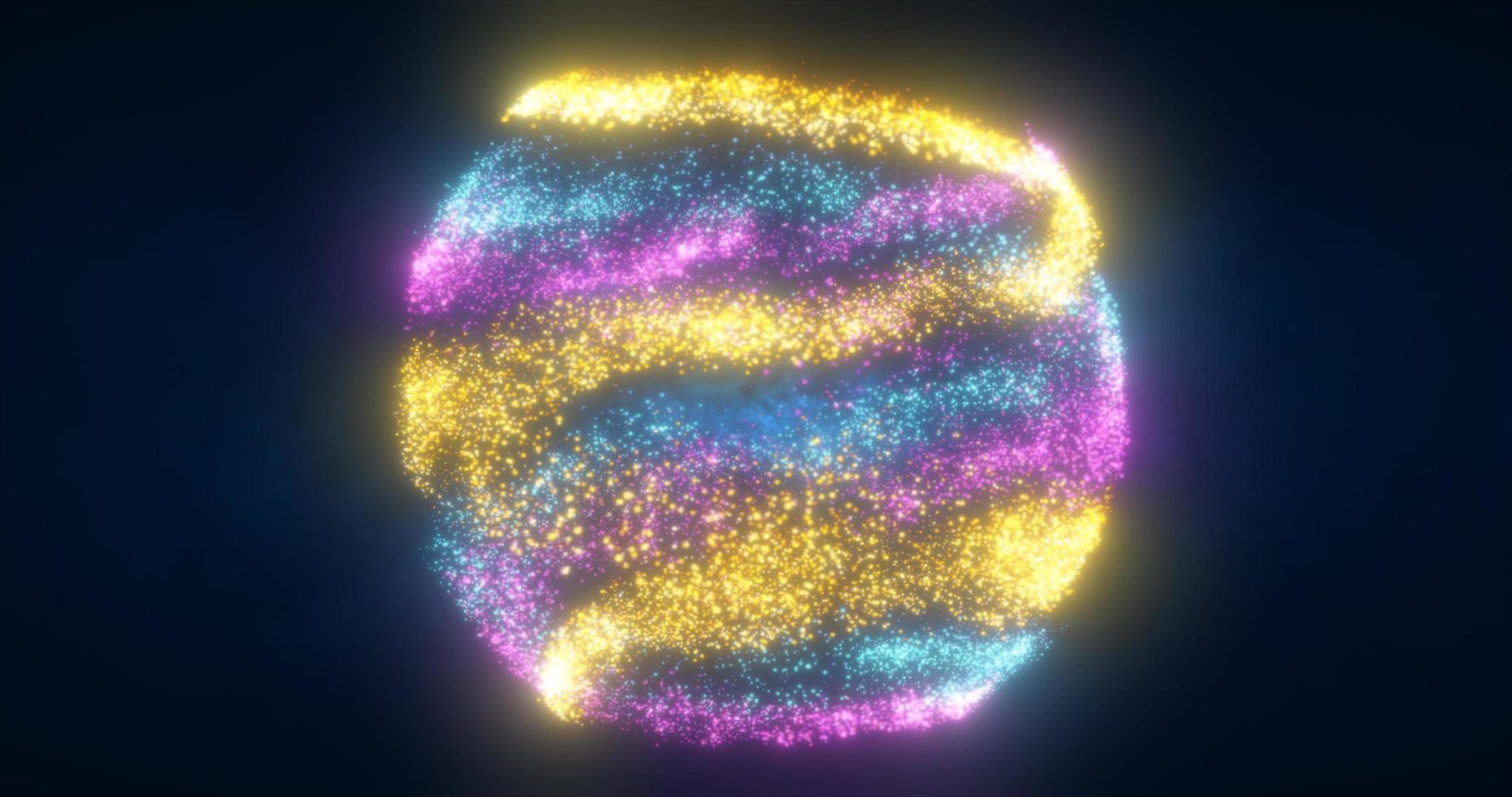 Abstract sphere ball of yellow blue and purple glowing bright flying energy particles and dots abstract background photo