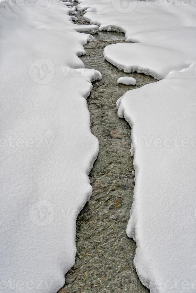 Creek flowing in snow background photo