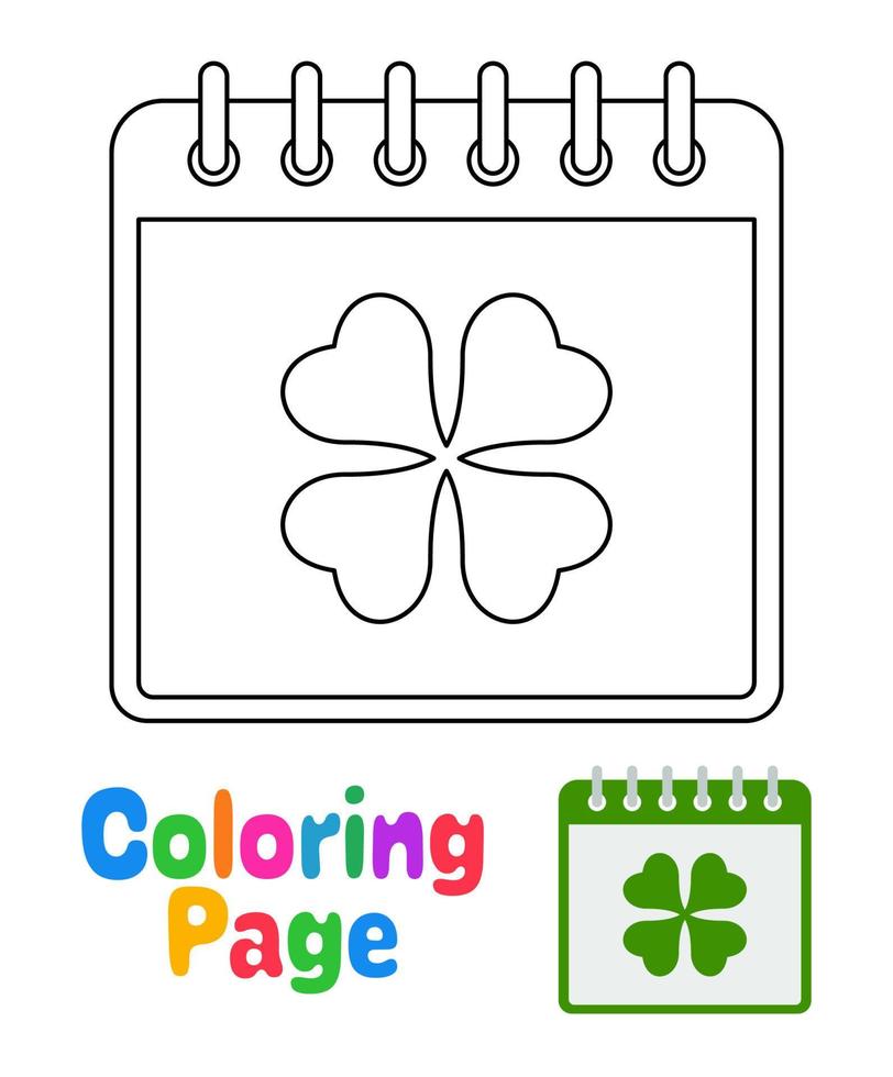 colorante página con calendario con trébol para niños vector