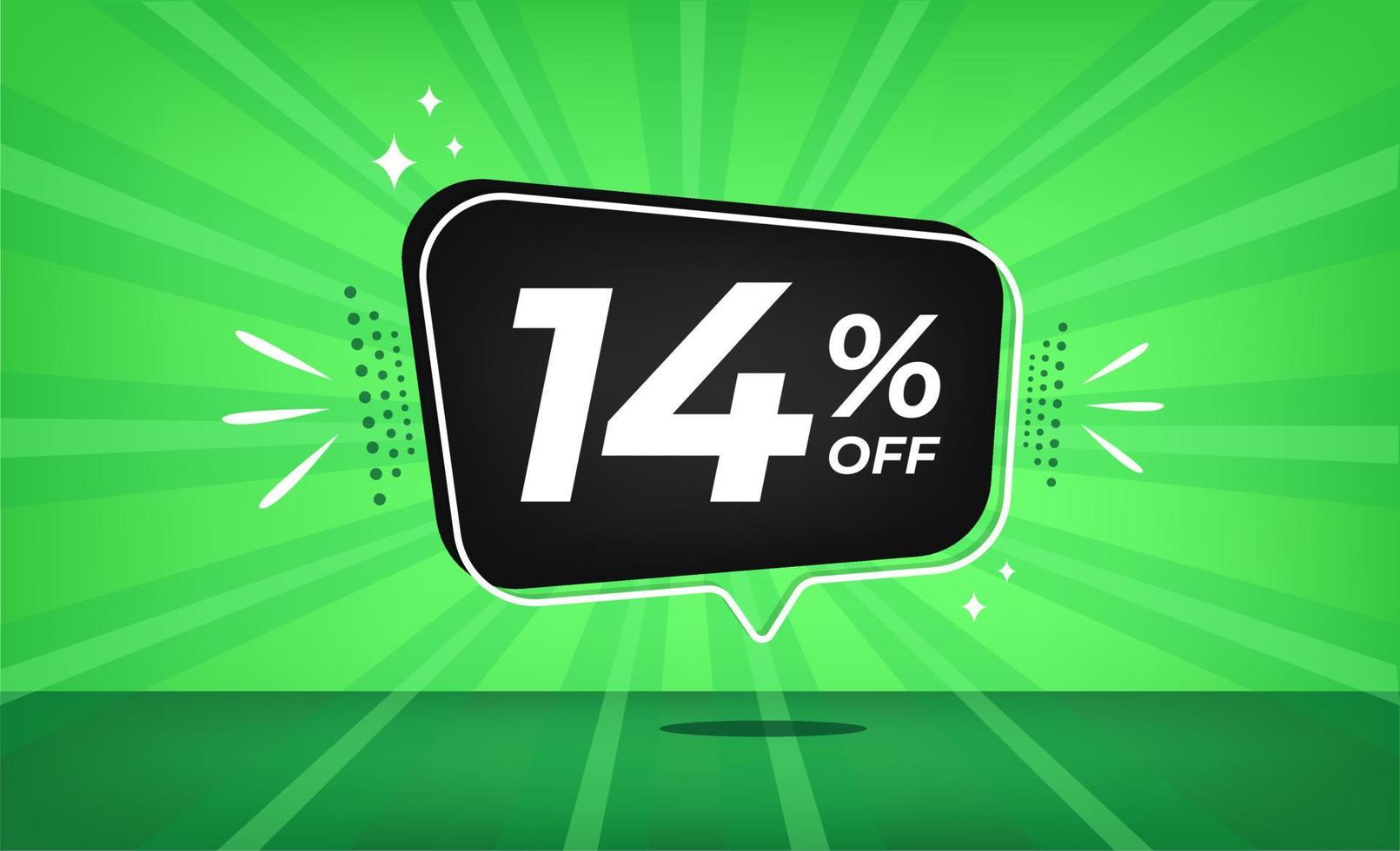 14 percent off. Green banner with fourteen percent discount on a black balloon for mega big sales. vector