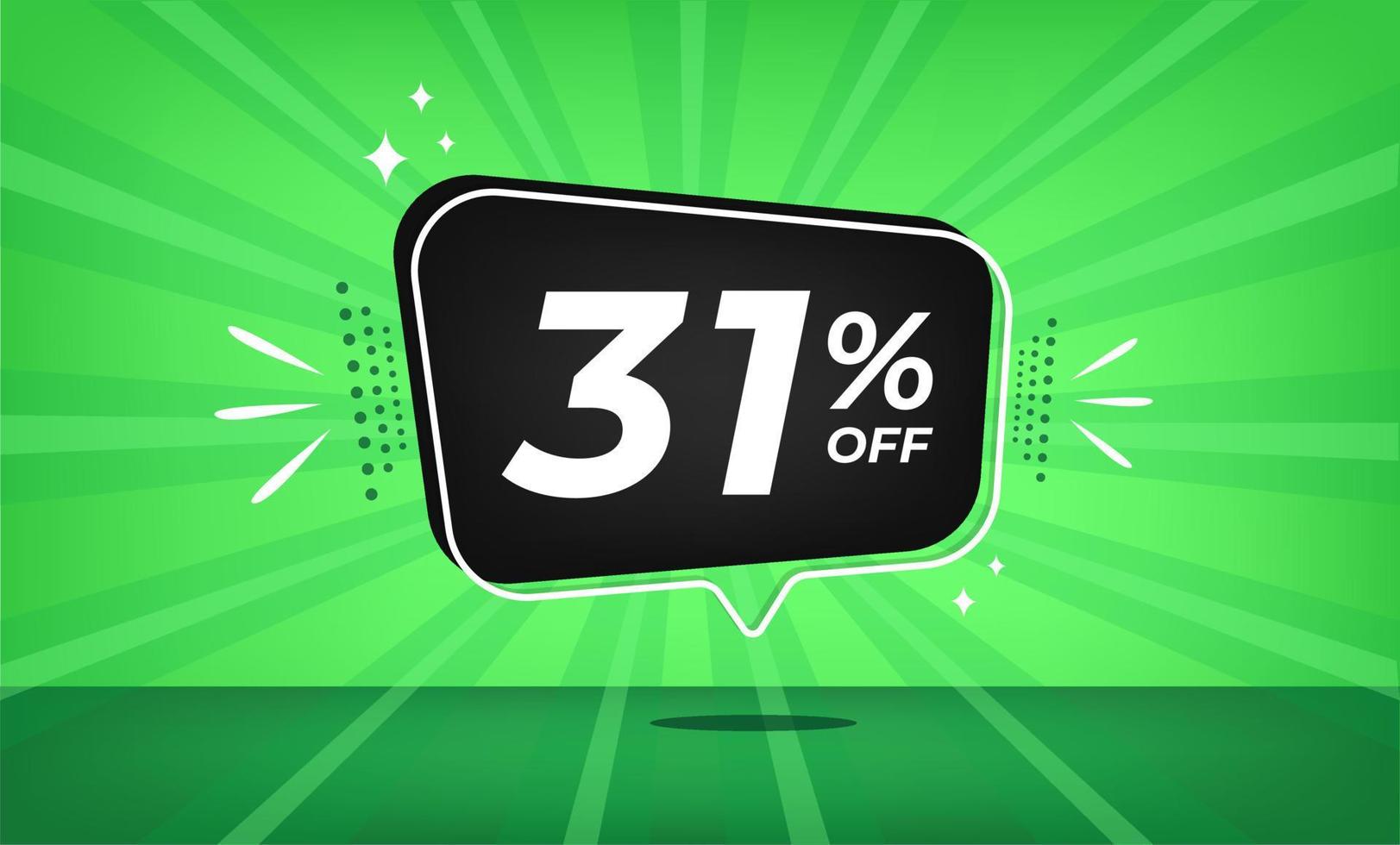 31 percent off. Green banner with thirty-one percent discount on a black balloon for mega big sales. vector