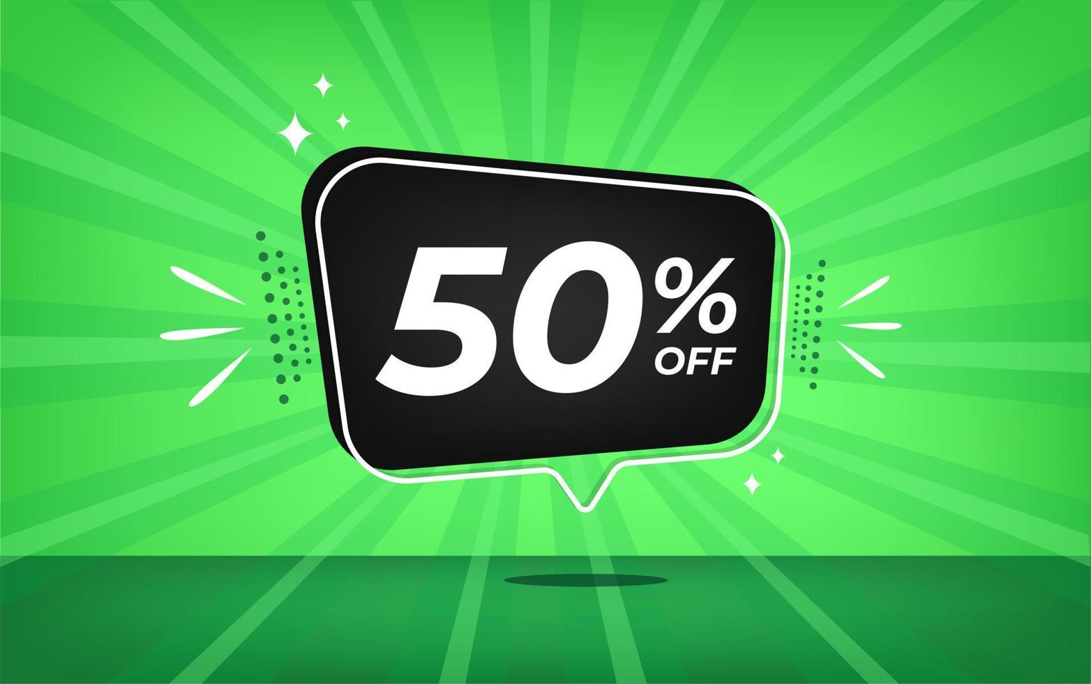 50 percent off. Green banner with fifty percent discount on a black balloon for mega big sales. vector
