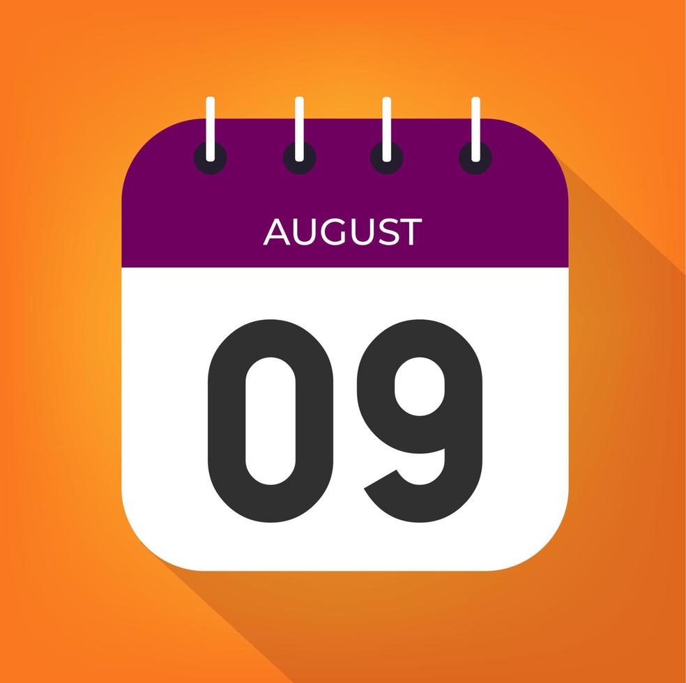 August day 9. Number nine on a white paper with purple color border on a orange background vector