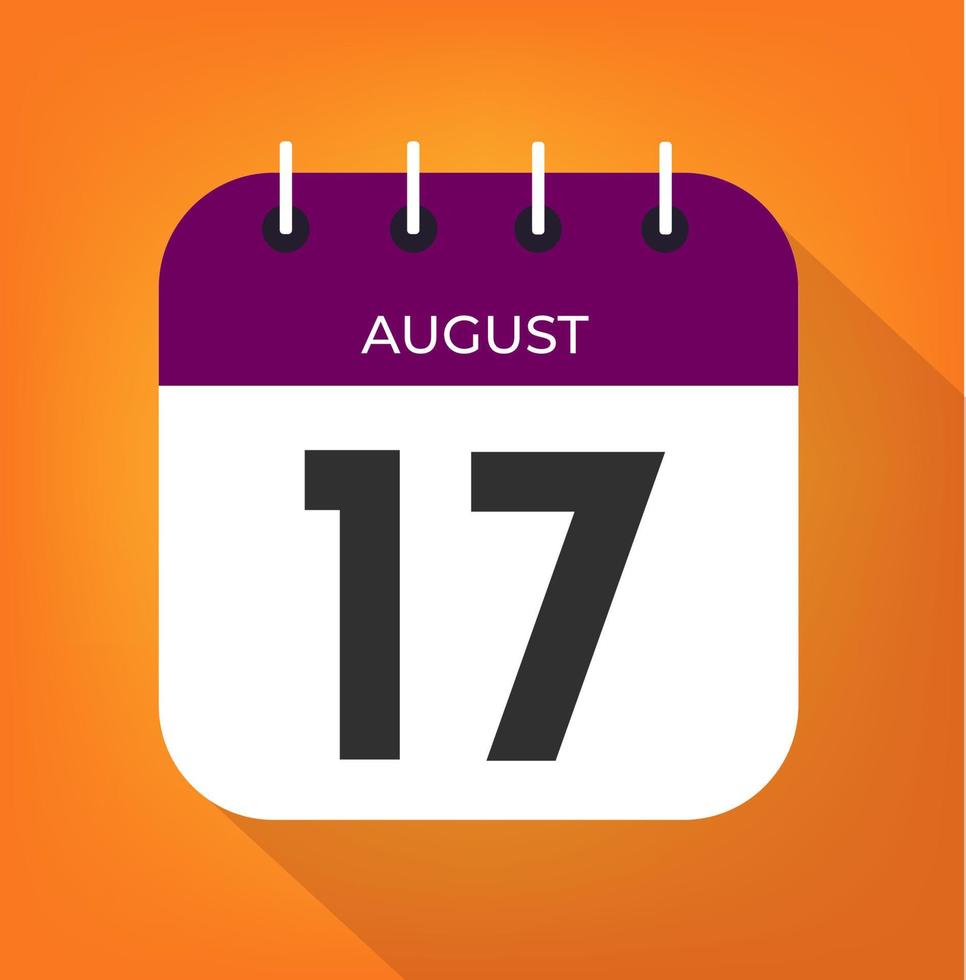 August day 17. Number seventeen on a white paper with purple color border on a orange background vector