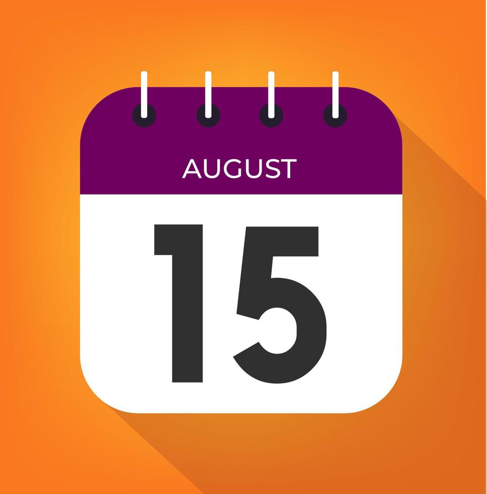 August day 15. Number fifteen on a white paper with purple color border on a orange background vector