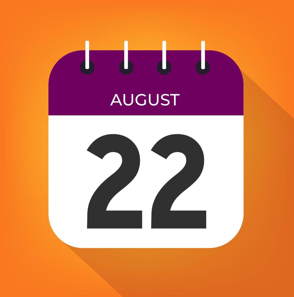August day 22. Number twenty-two on a white paper with purple color border on a orange background vector