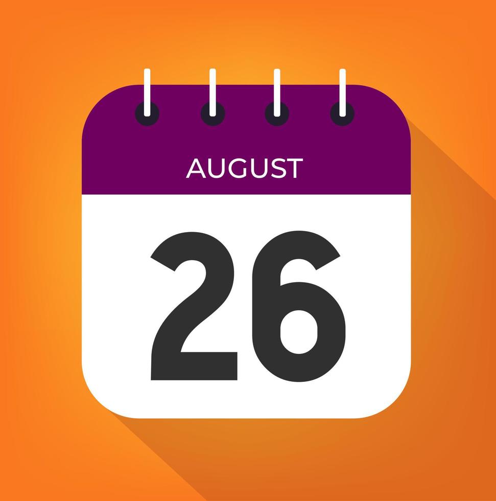 August day 26. Number twenty-six on a white paper with purple color border on a orange background vector