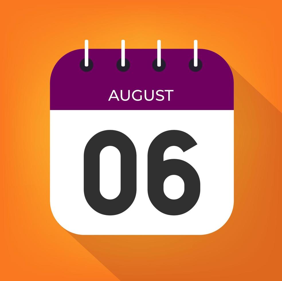 agosto día 6. número seis en un blanco papel con púrpura color frontera en un naranja antecedentes vector