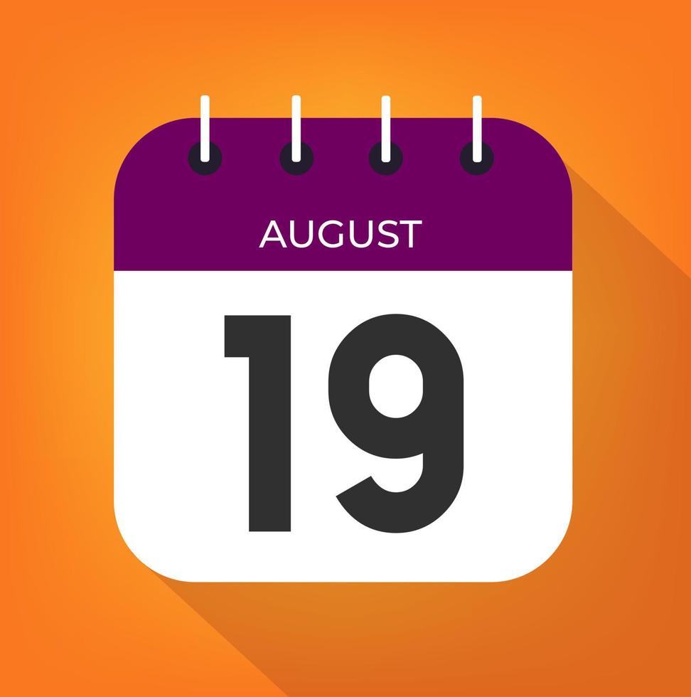 August day 19. Number nineteen on a white paper with purple color border on a orange background vector