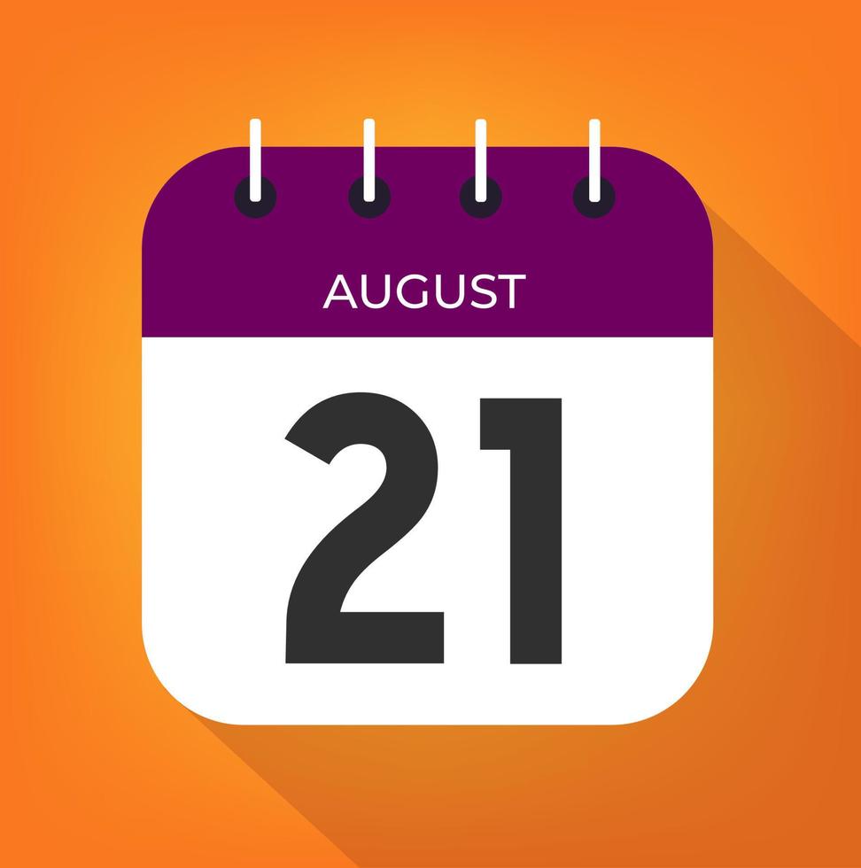 August day 21. Number twenty-one on a white paper with purple color border on a orange background vector