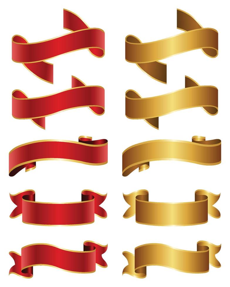 Red and Golden Ribbon Banner Set. Vector Illustration.