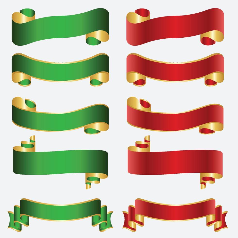 Elegant Red and Green Ribbon Banner Set, Vector Illustration.