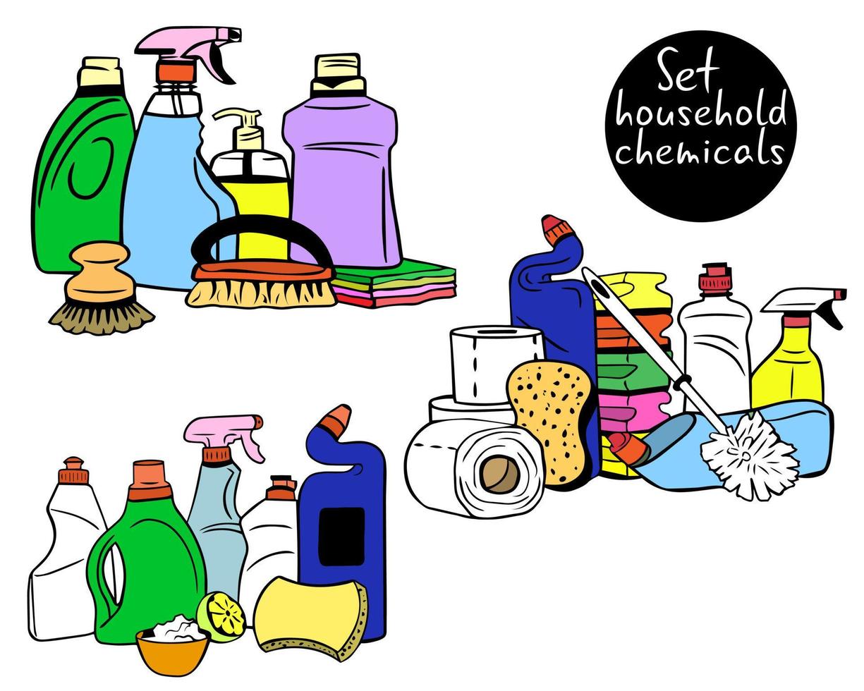 Set household chemicals. Cleaning services. cleaning products. Detergent laundry bottles and sponge for washing. Spray, sponge and brush, toilet paper. bottle with chemical agent and soap. vector