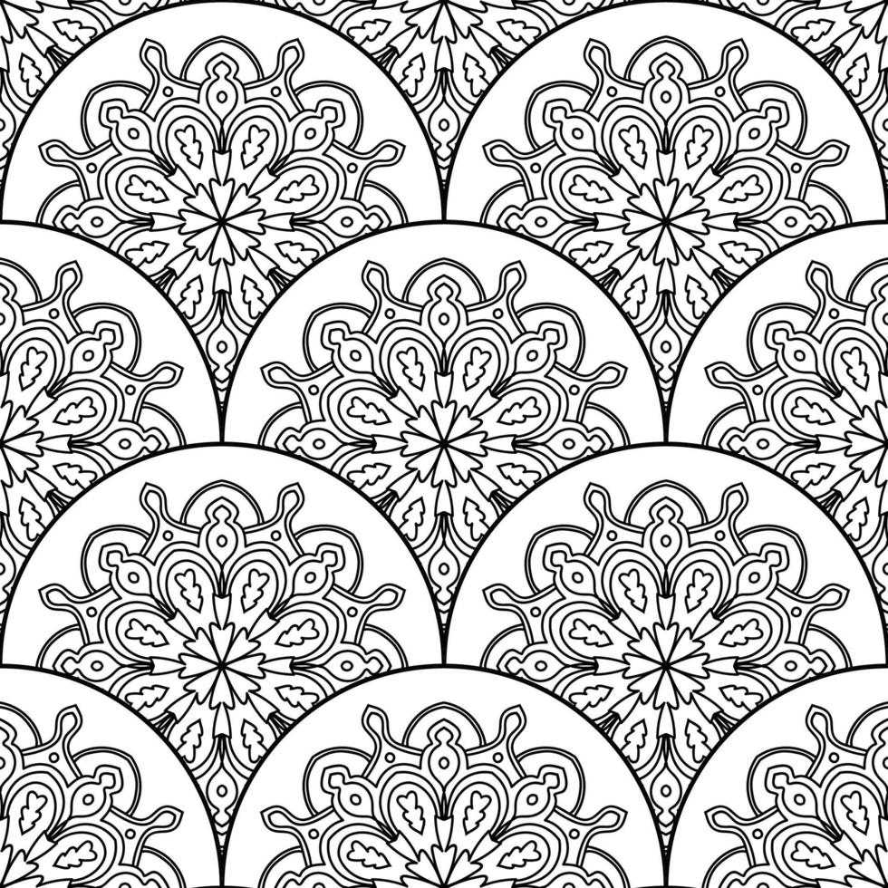 Abstract mandala fish scale seamless pattern. Ornamental tile, mosaic background. Floral patchwork infinity card. Arabic, Indian, ottoman motifs. vector
