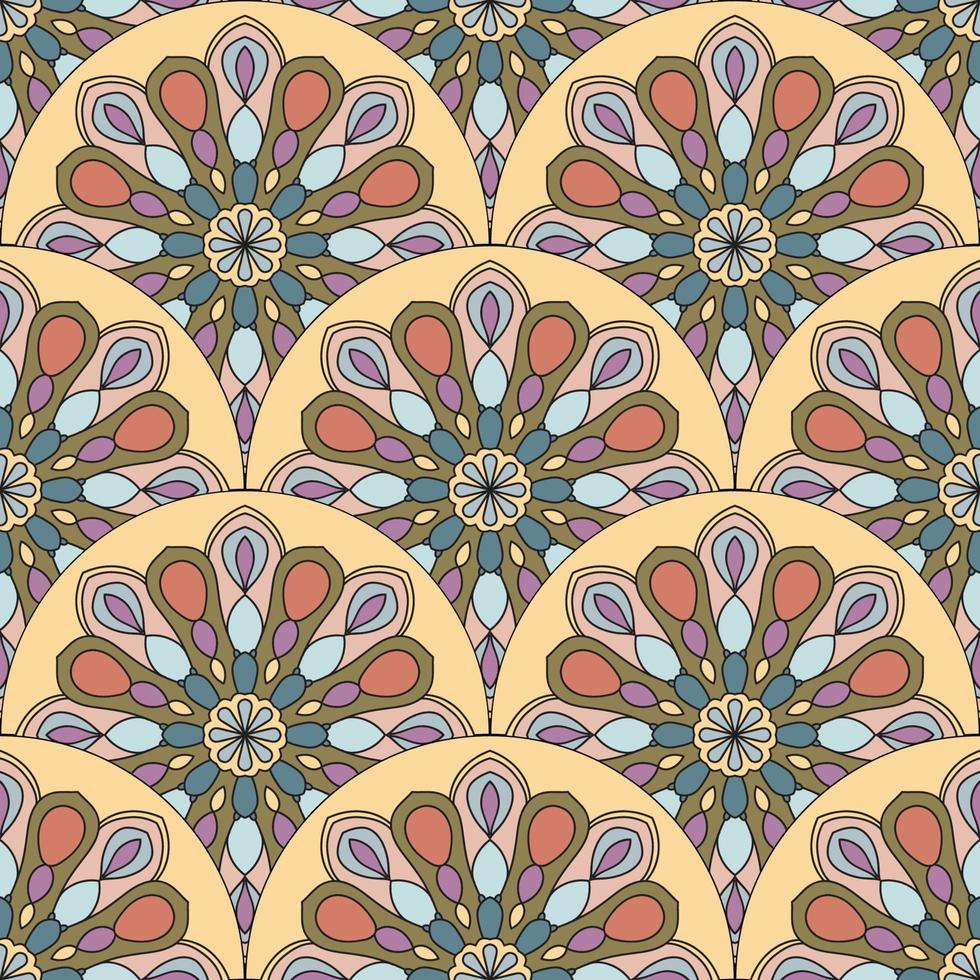 Abstract mandala fish scale seamless pattern. Ornamental tile, mosaic background. Floral patchwork infinity card. Arabic, Indian, ottoman motifs. vector