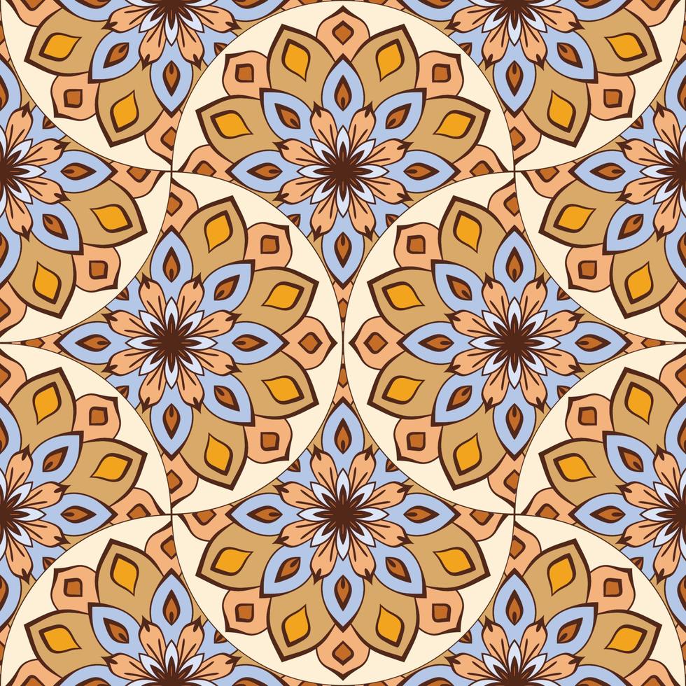 Abstract mandala fish scale seamless pattern. Ornamental tile, mosaic background. Floral patchwork infinity card. Arabic, Indian, ottoman motifs. vector