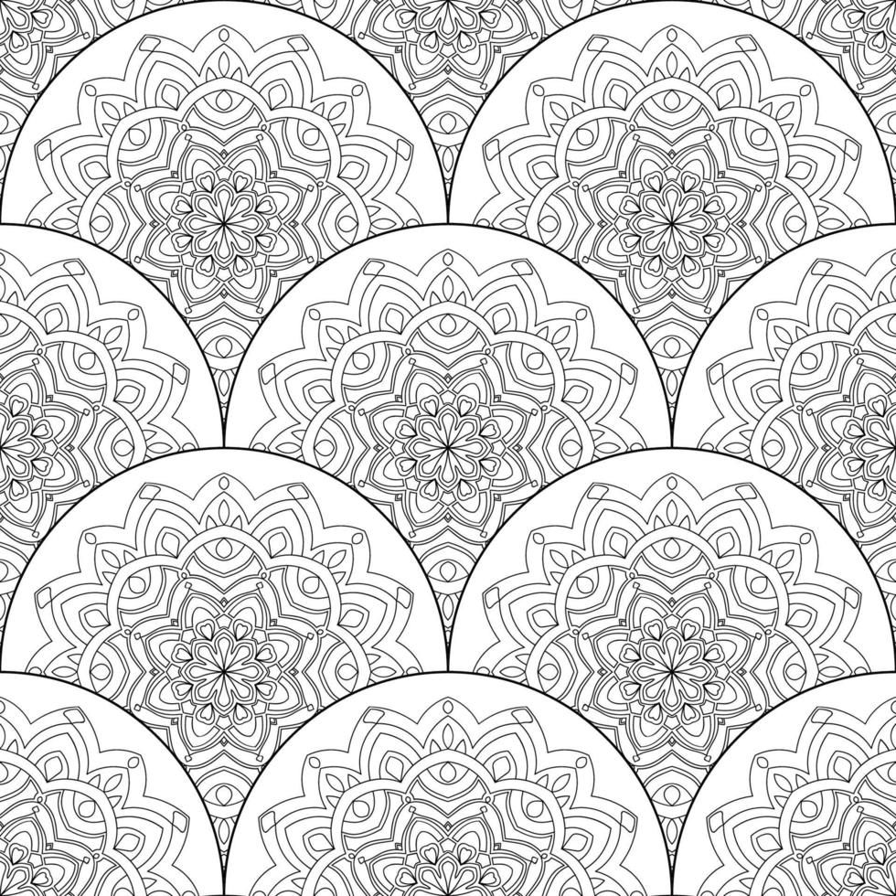 Abstract mandala fish scale seamless pattern. Ornamental tile, mosaic background. Floral patchwork infinity card. Arabic, Indian, ottoman motifs. vector