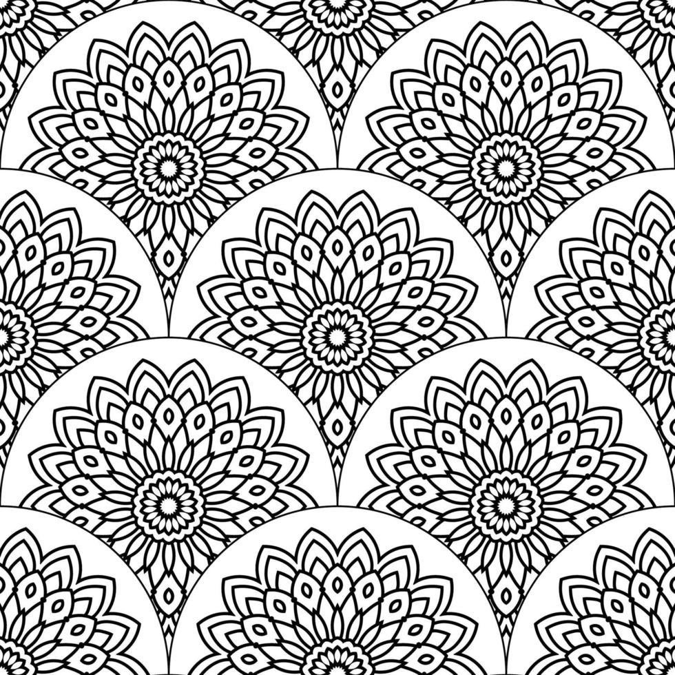 Abstract mandala fish scale seamless pattern. Ornamental tile, mosaic background. Floral patchwork infinity card. Arabic, Indian, ottoman motifs. vector