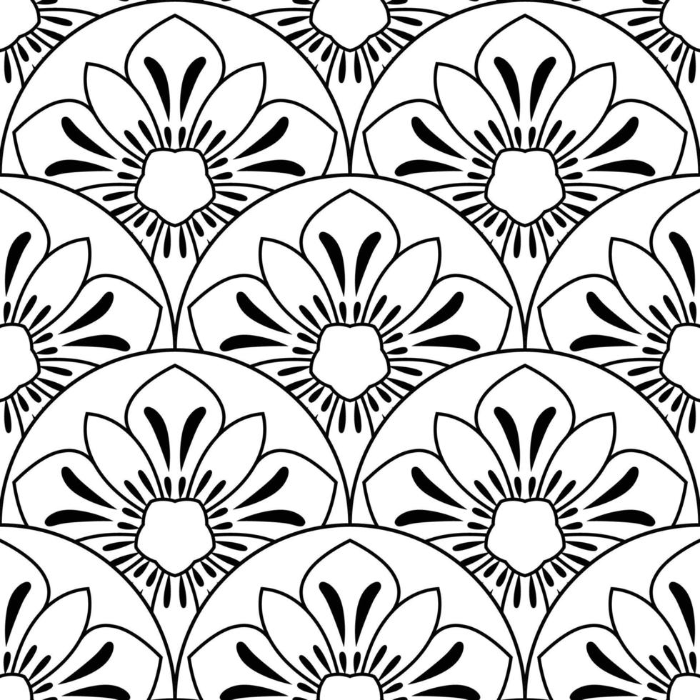 Abstract mandala fish scale seamless pattern. Ornamental tile, mosaic background. Floral patchwork infinity card. Arabic, Indian, ottoman motifs. vector
