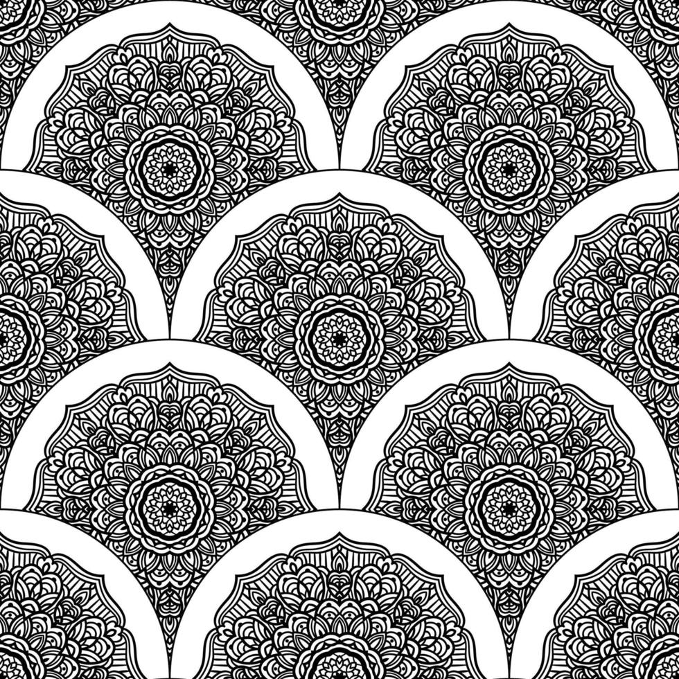 Abstract mandala fish scale seamless pattern. Ornamental tile, mosaic background. Floral patchwork infinity card. Arabic, Indian, ottoman motifs. vector