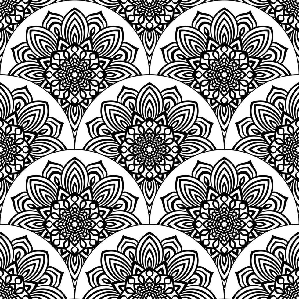 Abstract mandala fish scale seamless pattern. Ornamental tile, mosaic background. Floral patchwork infinity card. Arabic, Indian, ottoman motifs. vector