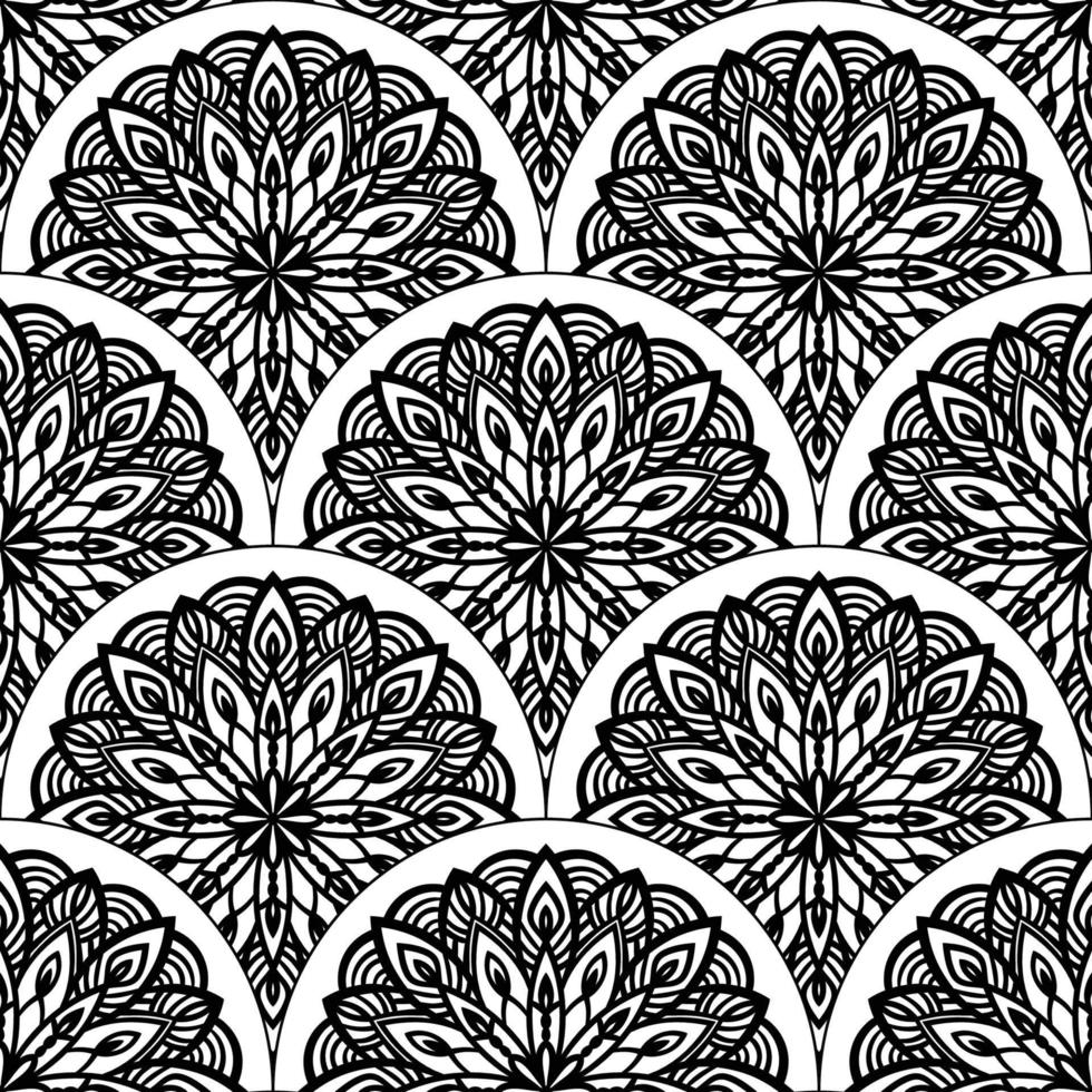 Abstract mandala fish scale seamless pattern. Ornamental tile, mosaic background. Floral patchwork infinity card. Arabic, Indian, ottoman motifs. vector