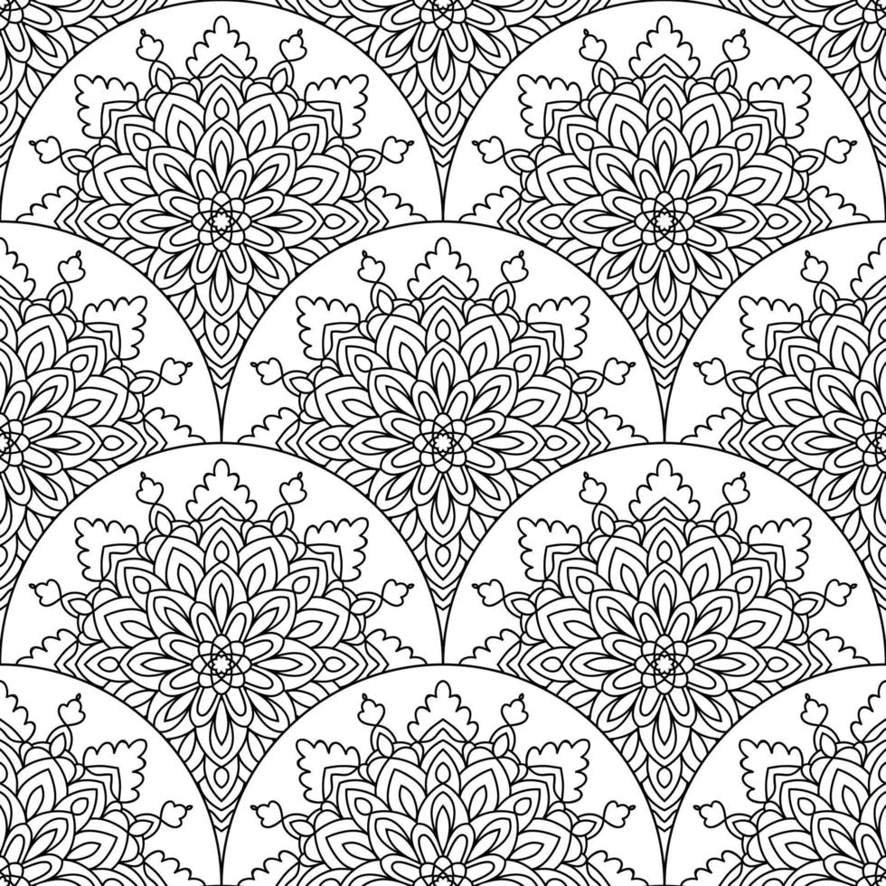 Abstract mandala fish scale seamless pattern. Ornamental tile, mosaic background. Floral patchwork infinity card. Arabic, Indian, ottoman motifs. vector