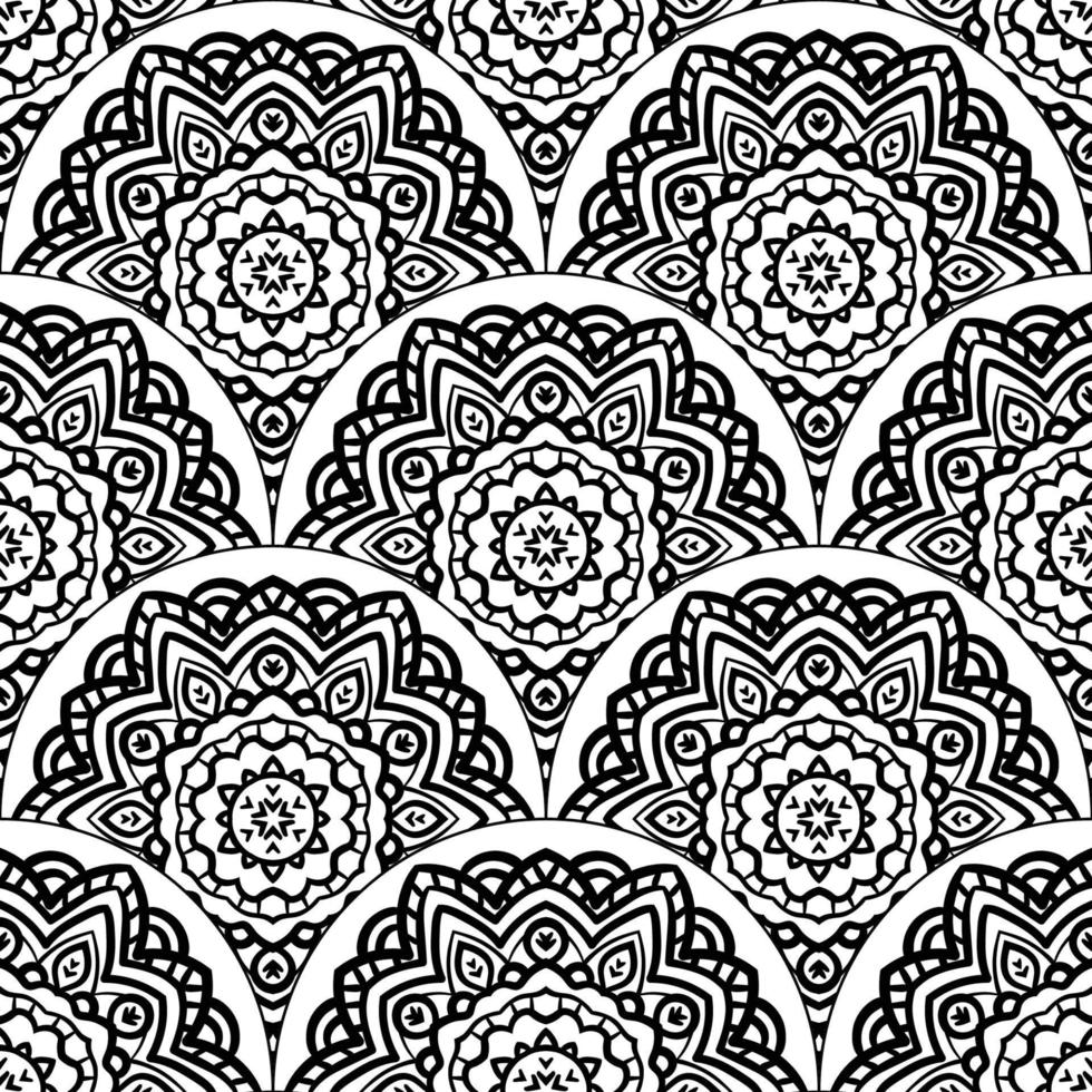 Abstract mandala fish scale seamless pattern. Ornamental tile, mosaic background. Floral patchwork infinity card. Arabic, Indian, ottoman motifs. vector