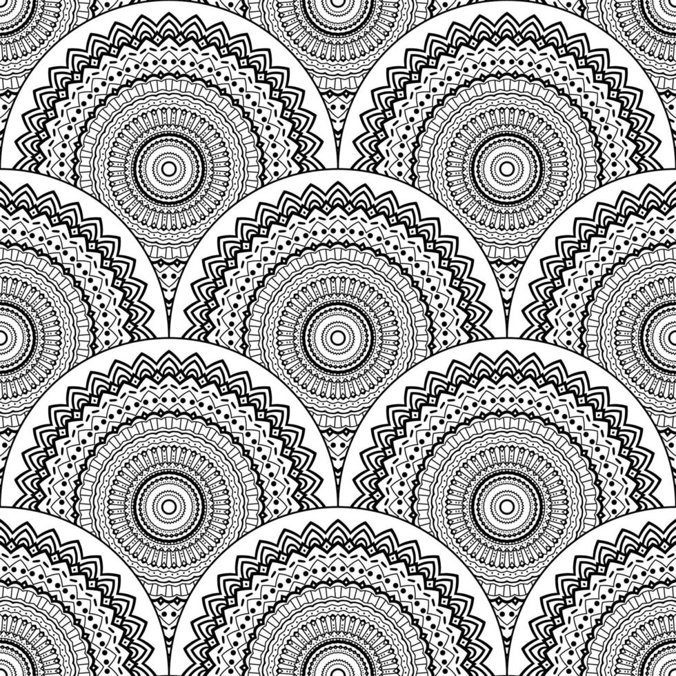 Abstract mandala fish scale seamless pattern. Ornamental tile, mosaic background. Floral patchwork infinity card. Arabic, Indian, ottoman motifs. vector