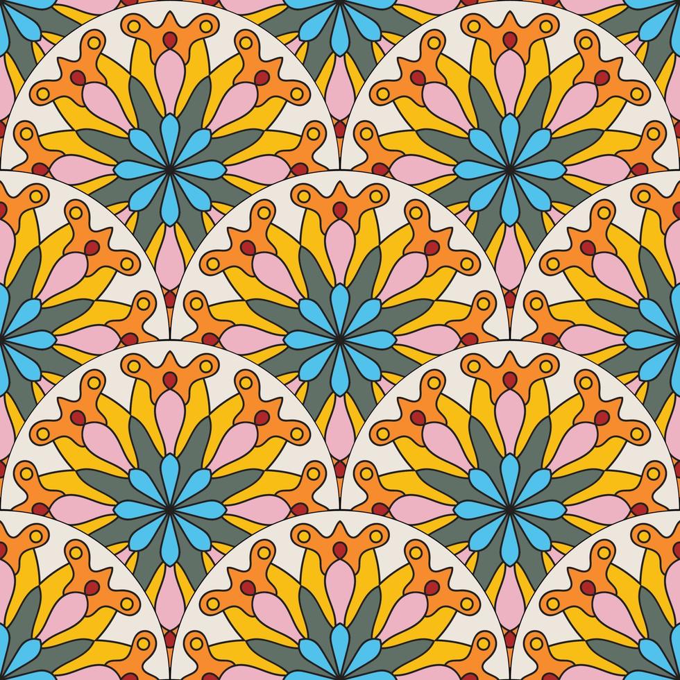 Abstract mandala fish scale seamless pattern. Ornamental tile, mosaic background. Floral patchwork infinity card. Arabic, Indian, ottoman motifs. vector