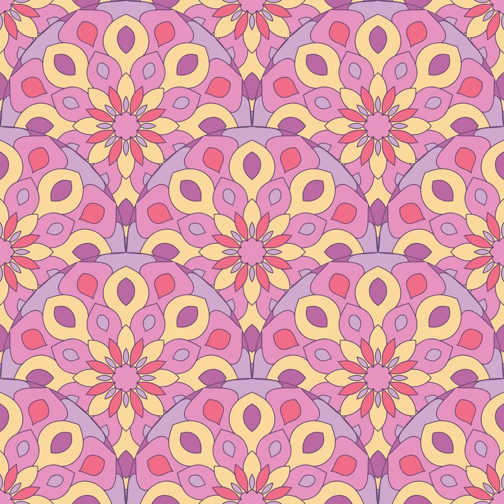 Abstract mandala fish scale seamless pattern. Ornamental tile, mosaic background. Floral patchwork infinity card. Arabic, Indian, ottoman motifs. vector