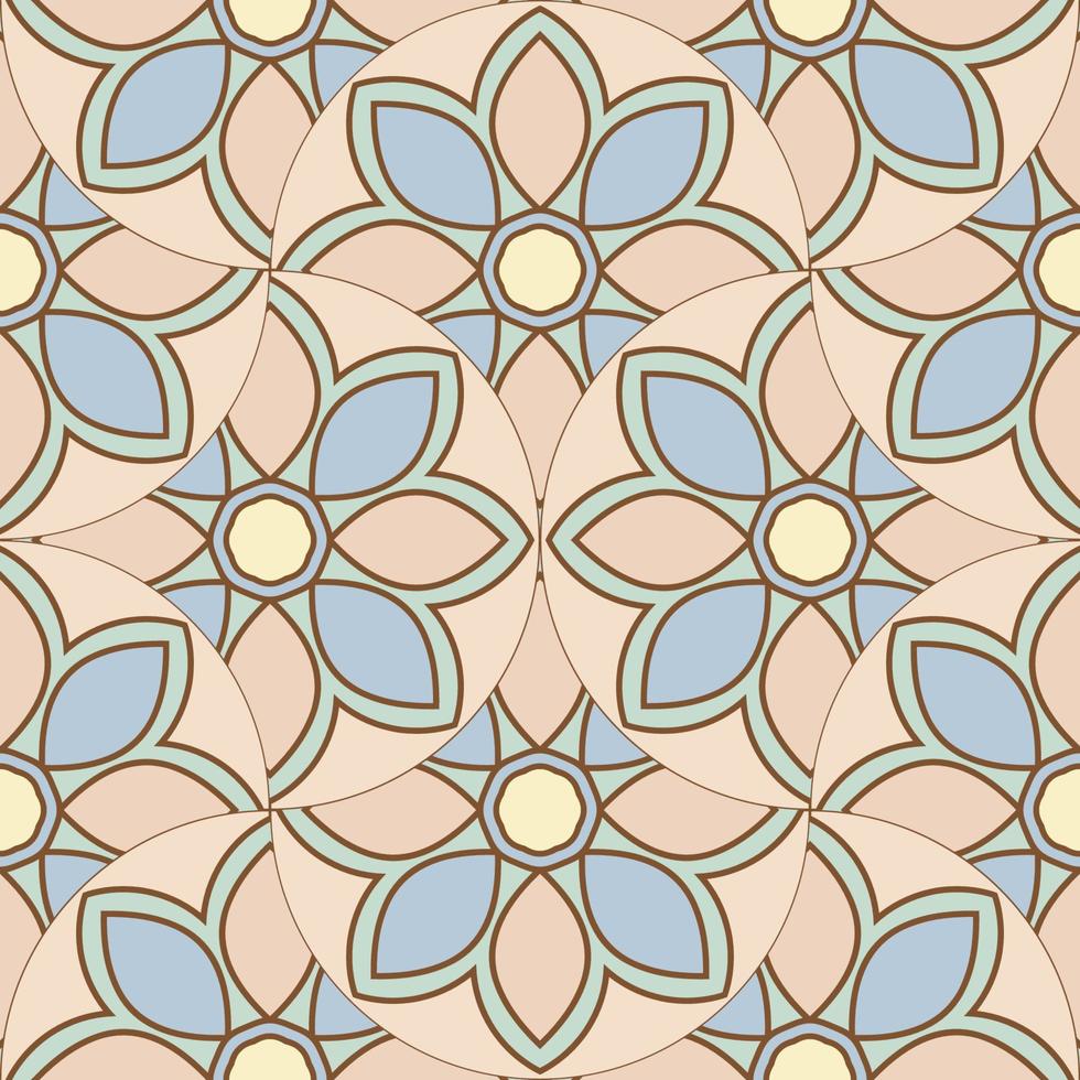 Abstract mandala fish scale seamless pattern. Ornamental tile, mosaic background. Floral patchwork infinity card. Arabic, Indian, ottoman motifs. vector