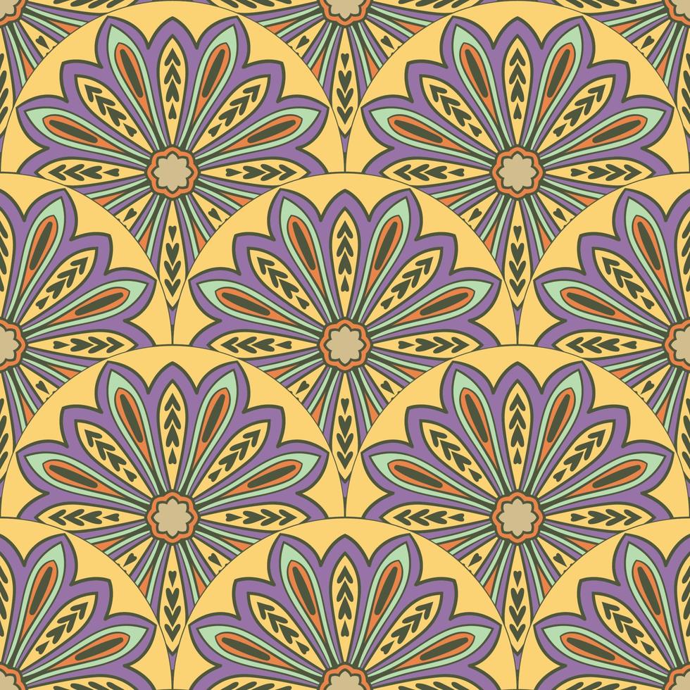 Abstract mandala fish scale seamless pattern. Ornamental tile, mosaic background. Floral patchwork infinity card. Arabic, Indian, ottoman motifs. vector
