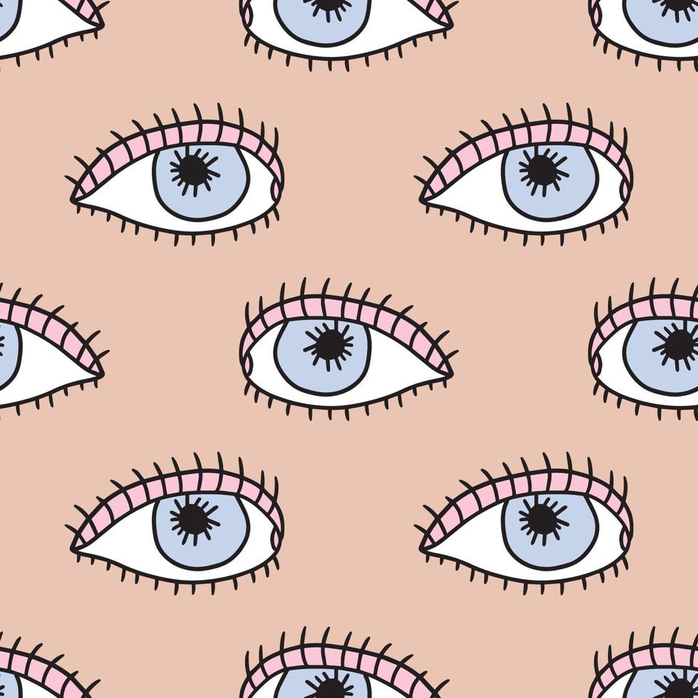 Cute abstract doodle eye close up seamless pattern. Polka dot background with face, body sign. vector