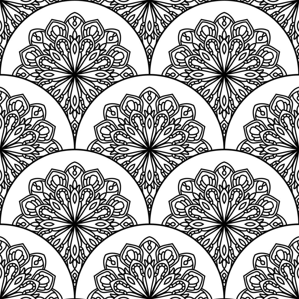 Abstract mandala fish scale seamless pattern. Ornamental tile, mosaic background. Floral patchwork infinity card. Arabic, Indian, ottoman motifs. vector