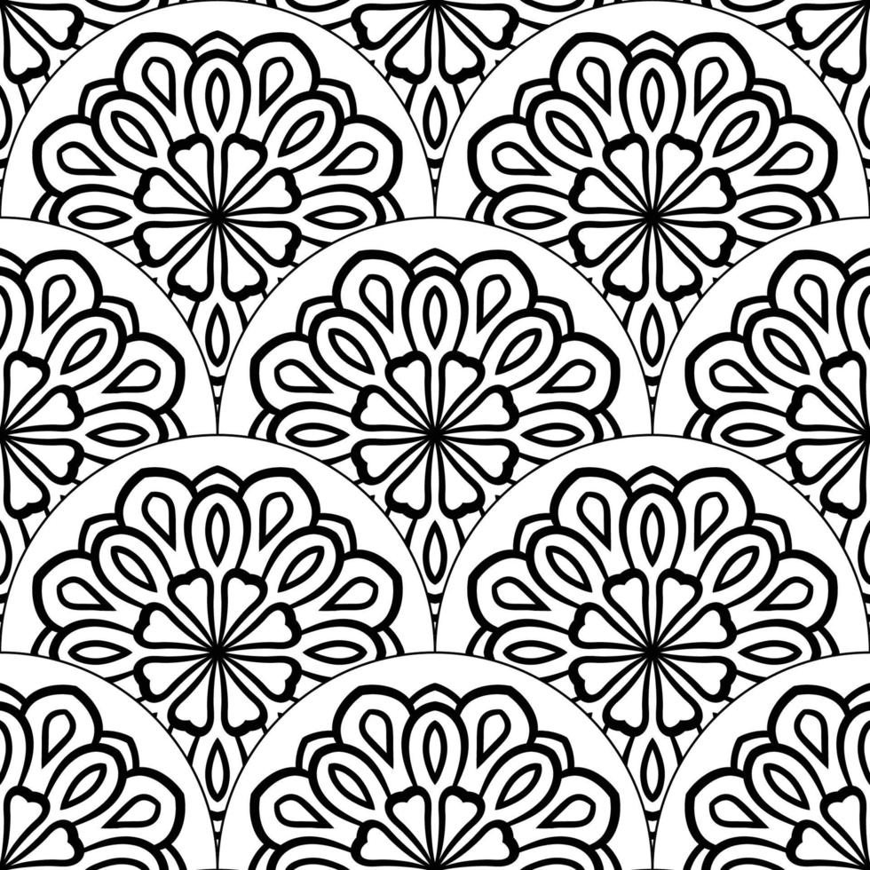 Abstract mandala fish scale seamless pattern. Ornamental tile, mosaic background. Floral patchwork infinity card. Arabic, Indian, ottoman motifs. vector