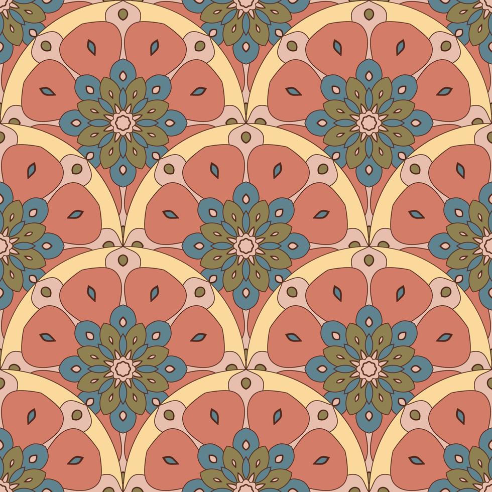Abstract mandala fish scale seamless pattern. Ornamental tile, mosaic background. Floral patchwork infinity card. Arabic, Indian, ottoman motifs. vector